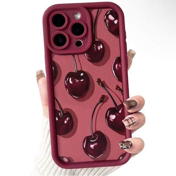 iPhone 15 Pro Max Cherry Print Soft TPU Shockproof Girly Case Burgundy Red - Picture 2 of 4